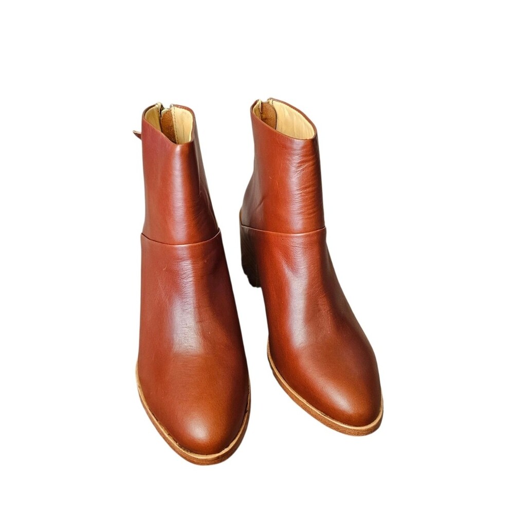 Nisolo Cognac Brown Leather Stacked Heel Ankle Boots Size 7.5 - Picture 3 of 8